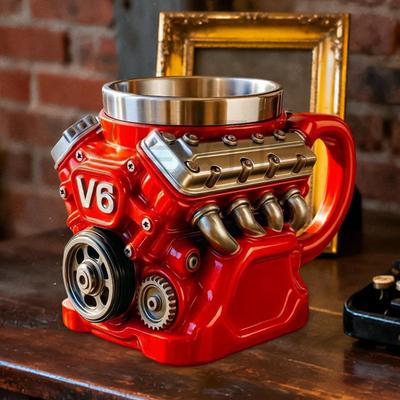 Кружка для кофе с двигателем V6, стакан для воды и напитков, подарок на день рождения с ручкой, уникальная красная, для дома