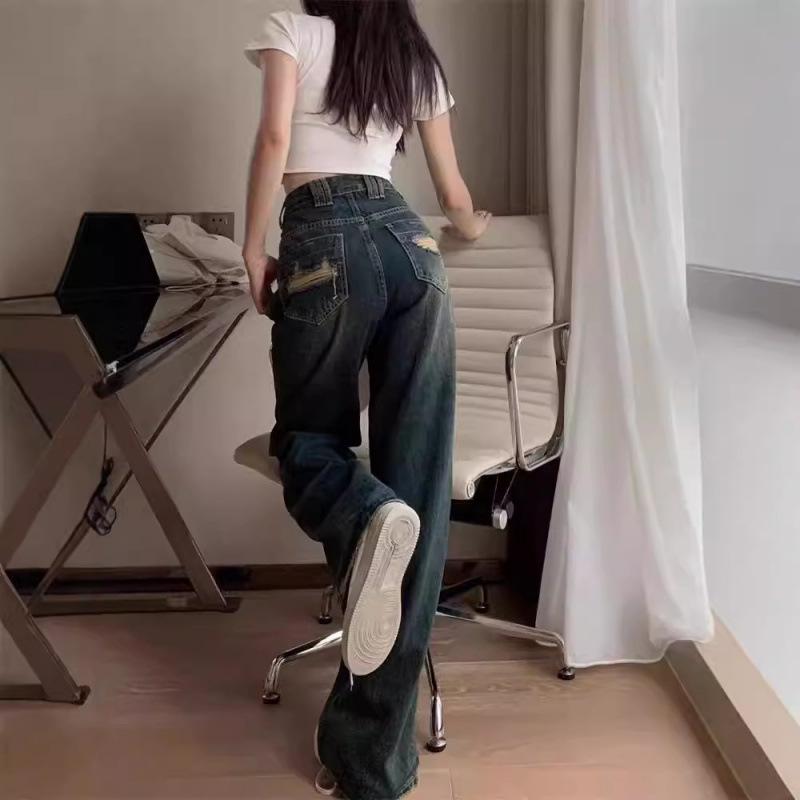 Wide Leg Jeans for Women High Waisted Contrasting Straight Leg Pant Autumn Lady Loose Pants Streetwear