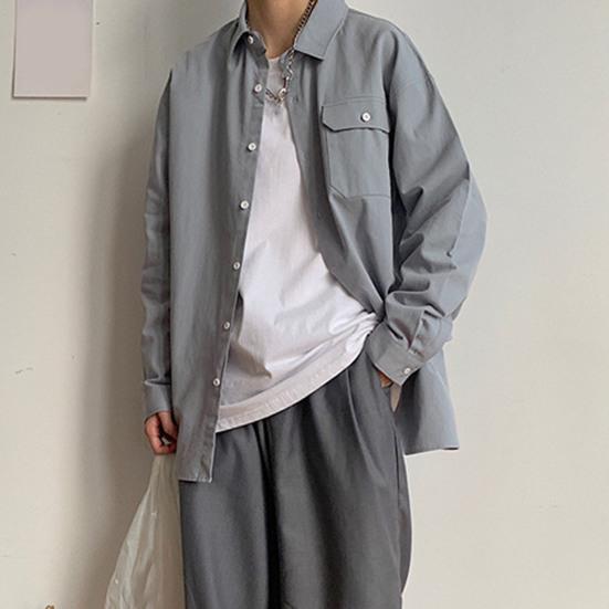 Мужская весенняя рубашка, свободный однобортный свободный отложной воротник с карманами, однотонный кардиган средней длины, повседневный мягкий дышащий мужской топ
