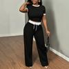 Women's Summer 2 Piece Outfit Round Neck Short Sleeve Crop Top Drawstring Wide Leg Pants Set Casual Tracksuit Lounge Set