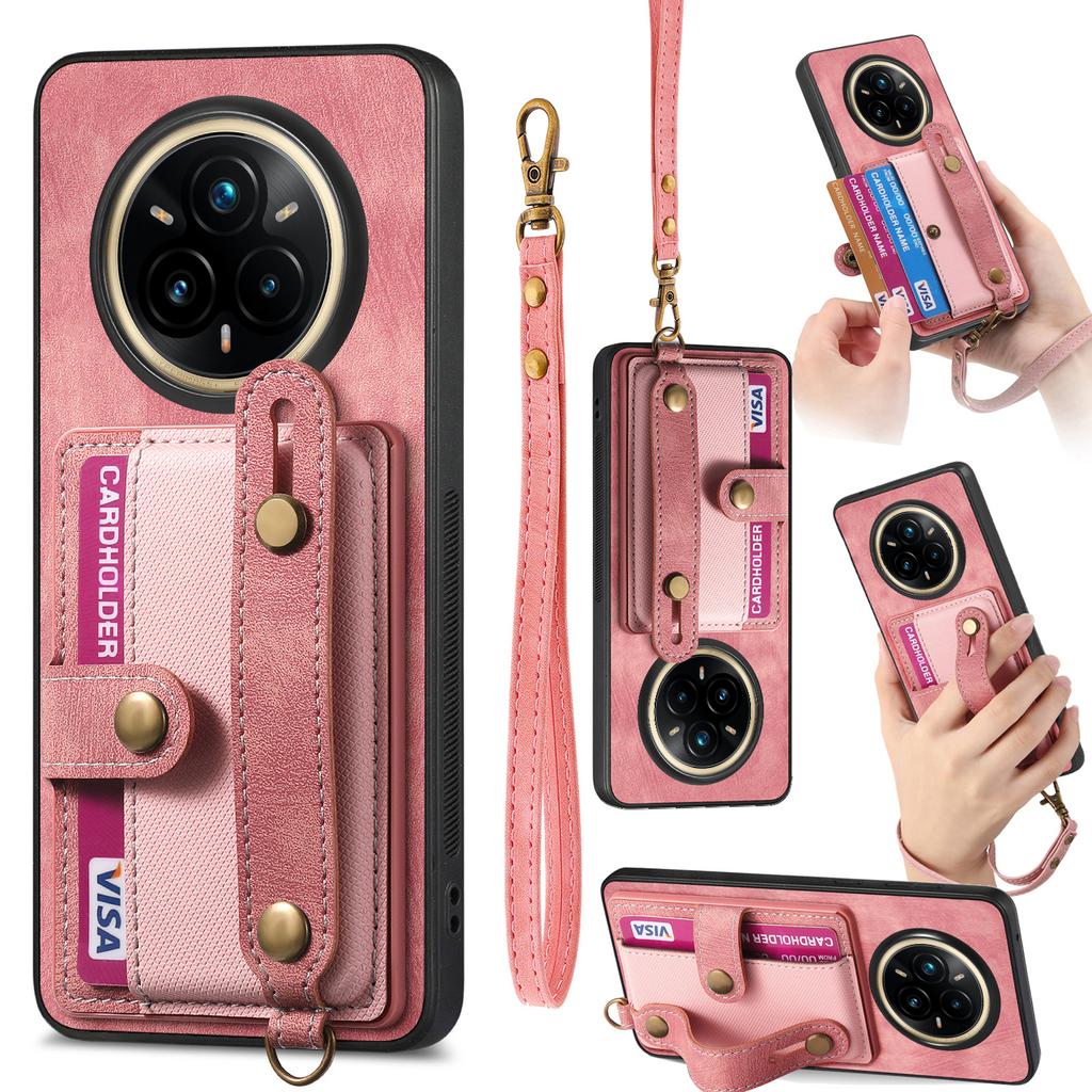 For Realme 14 Pro 5G Retro PU Leather Back Cover with Card Holder and Wristband Kickstand