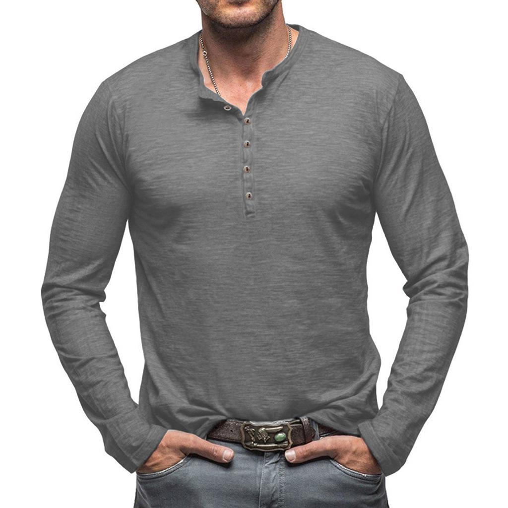 Men's Solid Color Long Sleeve T-Shirt Shirt Men's Casual Sports Top - Seven Buttons