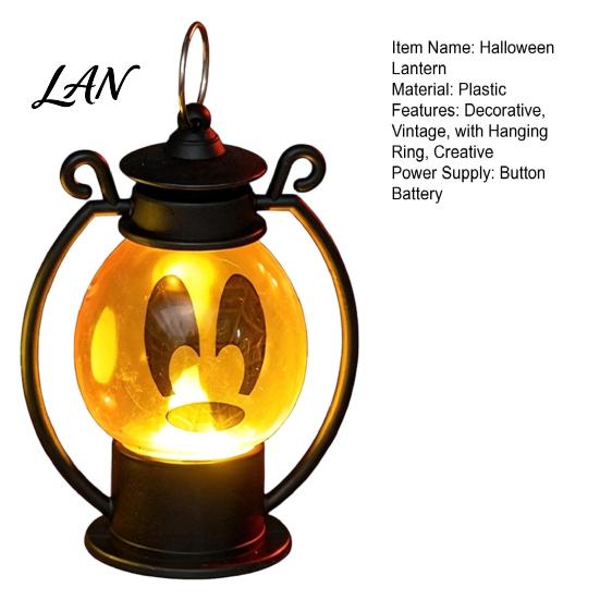 Safe Flameless Candle Halloween Ghost Face Night Light, Portable Retro LED Lamp with Hanging Decorative Lantern Ring, Battery Operated Vintage
