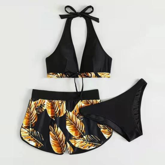 3 шт./компл. разделенное бикини с принтом листьев и бантом, трехсекционный тонкий купальник с открытой спиной для плавания