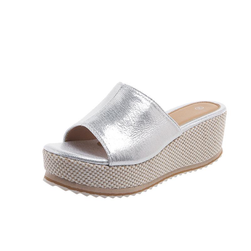 Новые тапочки большого размера с толстым каблуком и наклонной подошвой, женские модные тапочки с плетеной подошвой, приграничные европейские и американские римские тапочки с одним словом