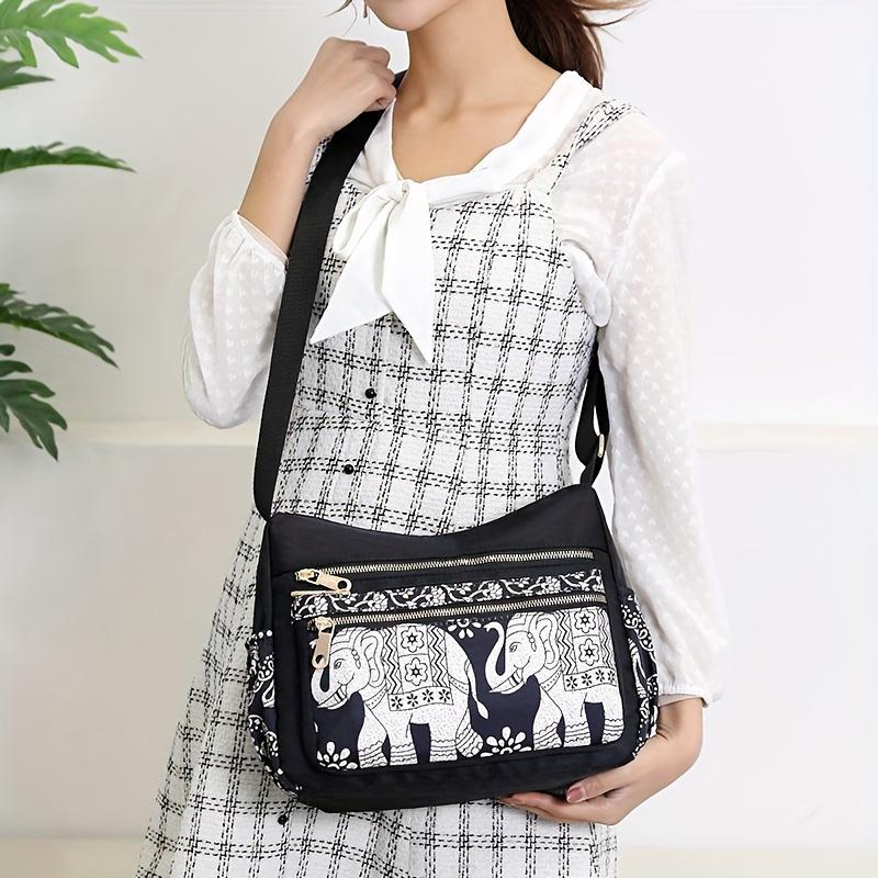 Stylish Elephant Print Crossbody Bag - Adjustable Strap, Water-Resistant, Multi Pockets