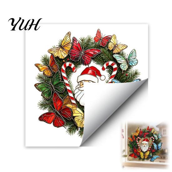 Creative Window Stickers for Home Christmas Wreath Sticker, Stained Glass Style, Removable Santa Butterfly Candy Cane Party Decor Decal, PVC