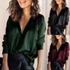 Women's Fashion Pullover V-neck Solid Color Temperament Sateen Long Sleeve Casual Shirt