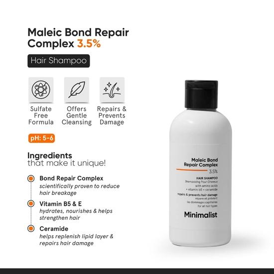 Минималистичный шампунь Bond Repair для поврежденных, сухих и вьющихся волос, комплекс Maleic Bond Repair 3,5% с запатентованной технологией, сульфат