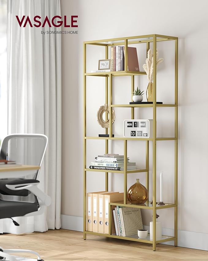 VASAGLE Bookshelf, 6-Tier Tall Bookcase, Plant Stand, Display Shelf, 30 x 80 x 180 cm, Tempered Glass, for Study, Office, Living Room, Bedroom