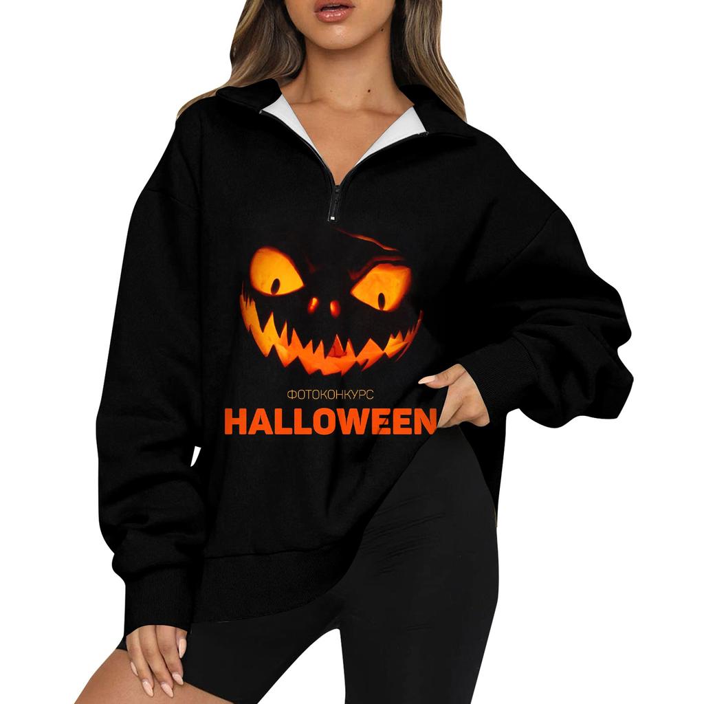 Women's Fashion Casual Long Sleeve Halloween Printed Zipper Turtleneck Drop Shoulder Sweatshirt Top