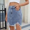 Women's Fashionable Solid Color Elastic High Waisted Ripped Denim Skirt With Rough Edges
