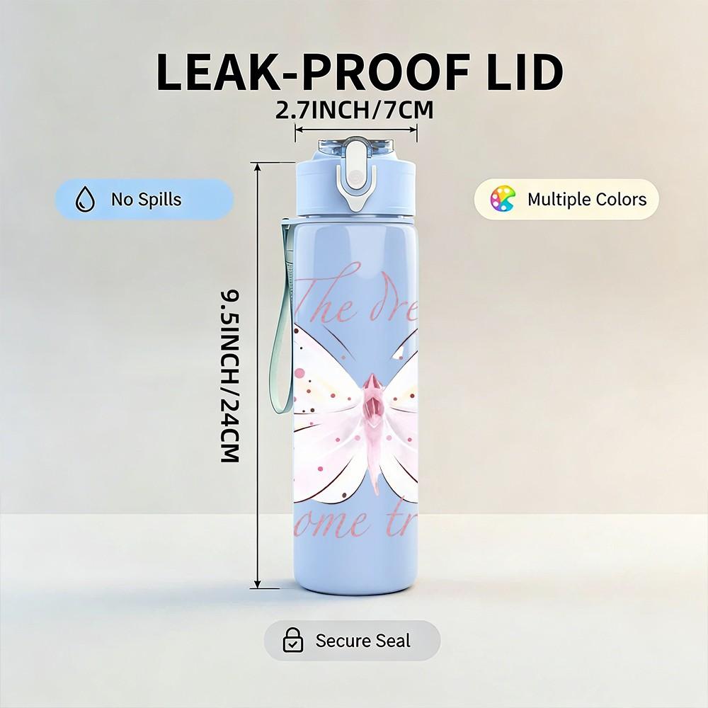 1PC Light Pink Butterfly Floral 750ml Color Plastic Sports Water Bottle Leakproof Flip Straw Lid Suitable for Sports Office Home Use