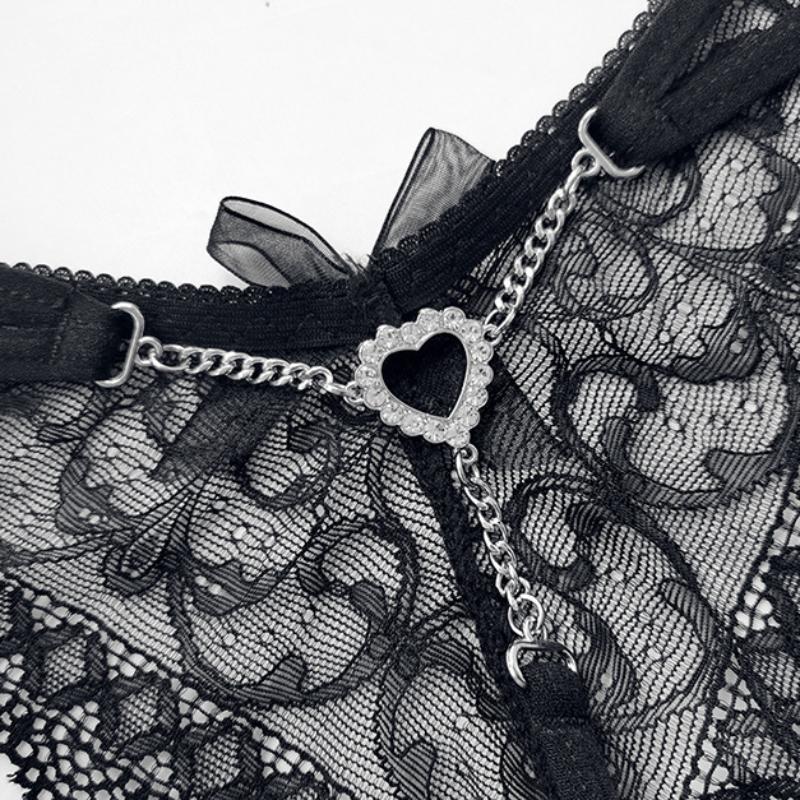 Women's Solid Color Lace Chain V Pants Sexy Black Metal Thong Low Waist Transparent Underwear