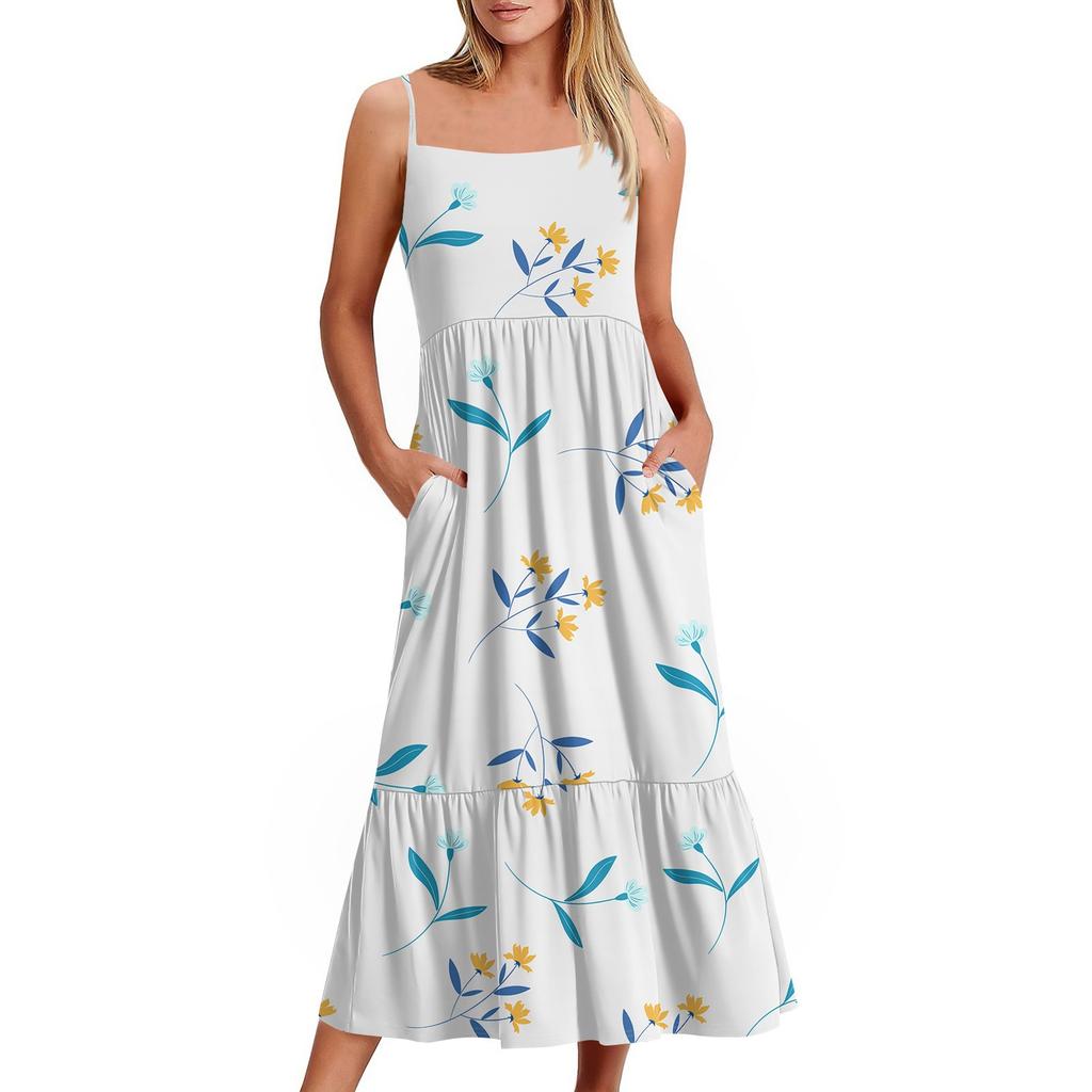 Women's Long Beach Casual Elegant Spaghetti Strap Maxi Dress Floral Low-key Flowing Bohemian Dress