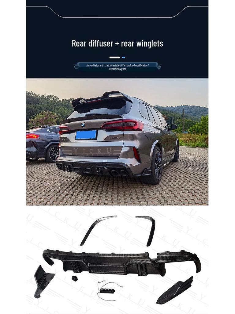 Комплект обвеса из углеродного волокна для BMW X5M F95: Передний сплиттер-губа, Задняя губа, Пороги, Ветровики, Заднее антикрыло со световыми элементами.