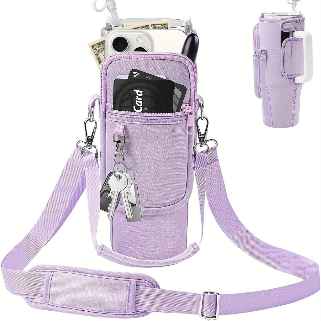 Water Bottle Carrying Case with Phone Pocket - Adjustable Shoulder Strap for Outdoor Travel and Sports