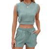 Summer Sleeveless Top Solid Color Crew Neck T-Shirt Drawstring Pocket Shorts Set