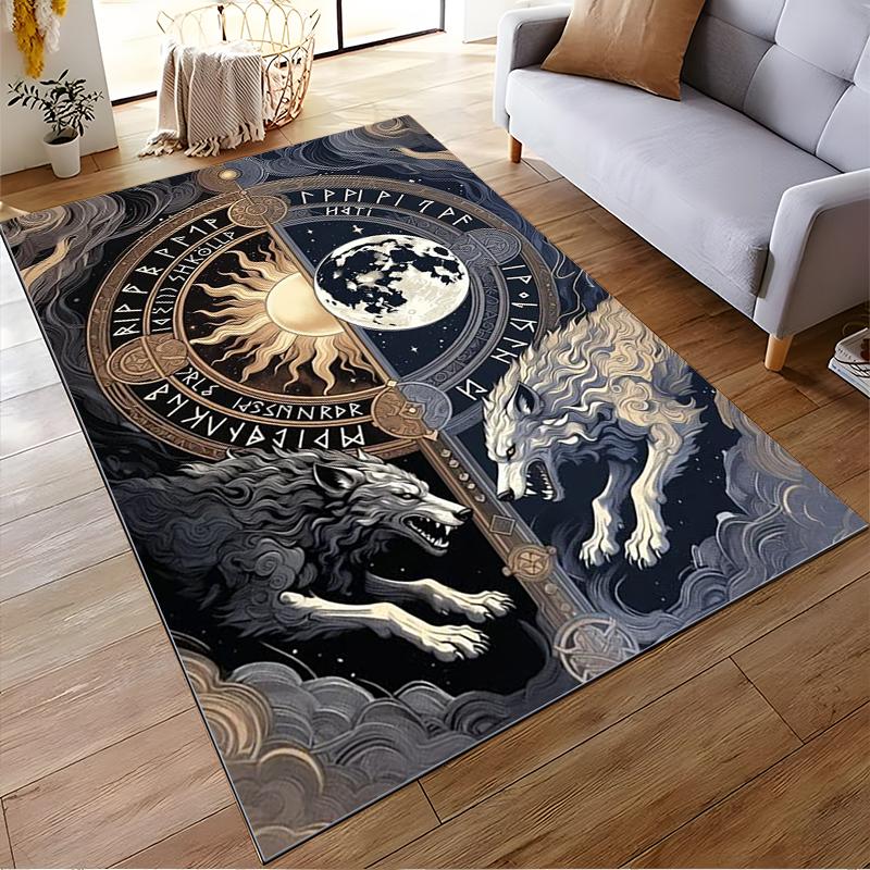 Nordic Wolves with Sun and Moon Design Rug. Non-slip rug suitable for living room and bedroom sofas.