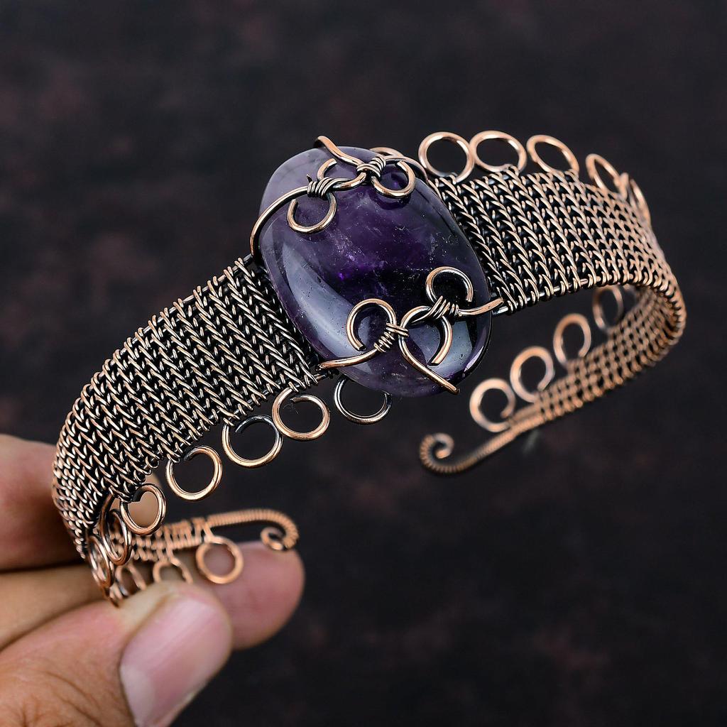 Браслет-манжета со звездным аметистом, браслет из медной проволоки, регулируемый браслет-манжета, драгоценный камень, медные украшения, антикварный браслет ручной работы, подарок для нее