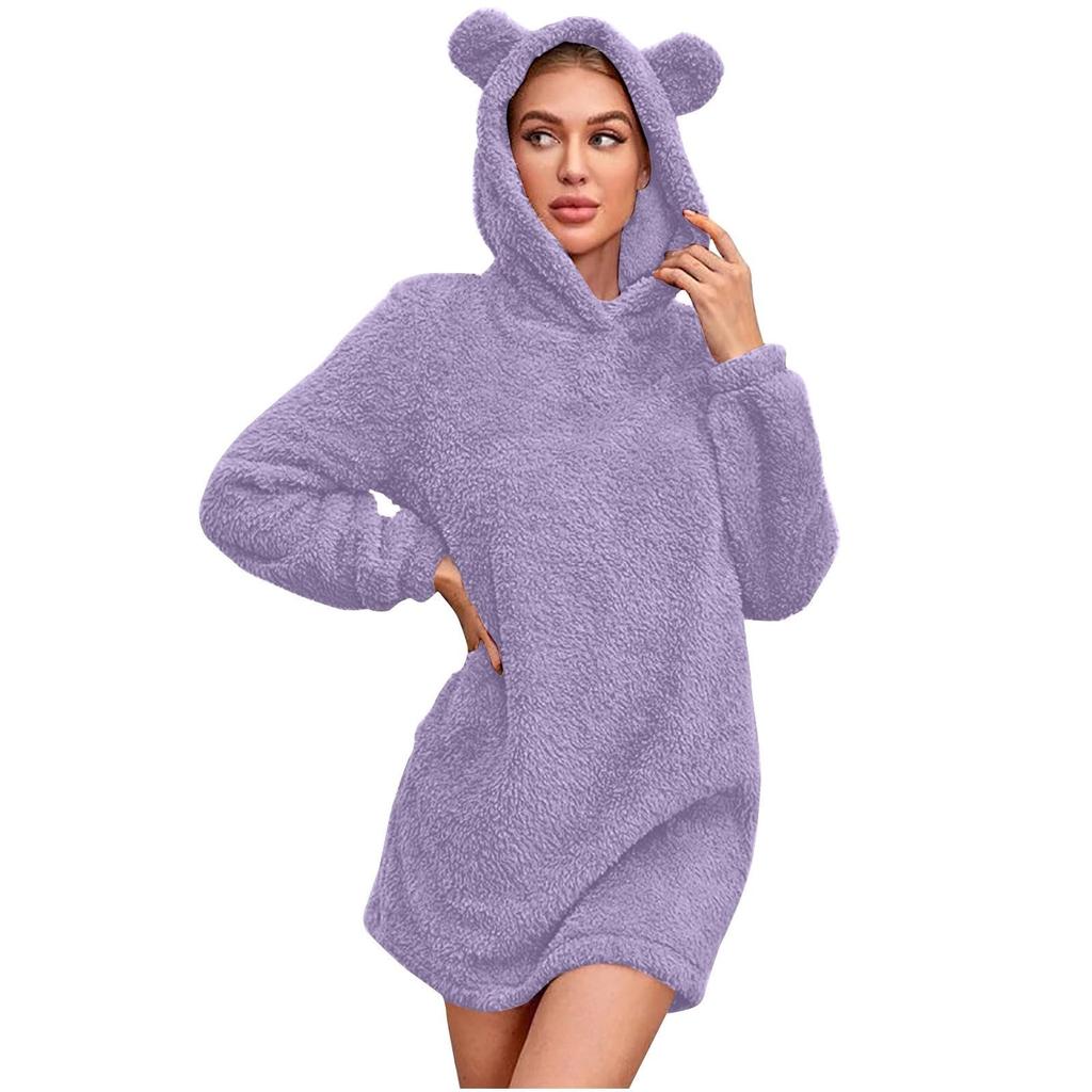 Women's Plush Hooded Casual Cute Bear Ears Pajama Dress
