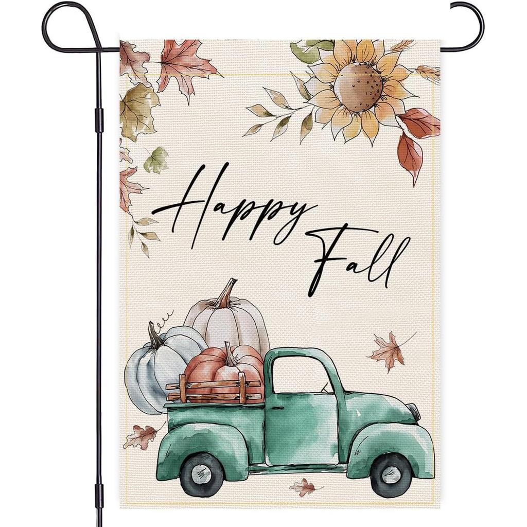 Happy Fall Garden Flag - Double-Sided Welcome Pumpkins Truck Design, Durable Polyester Outdoor Decoration with Vibrant Autumn Leaves & Sunflowers, No