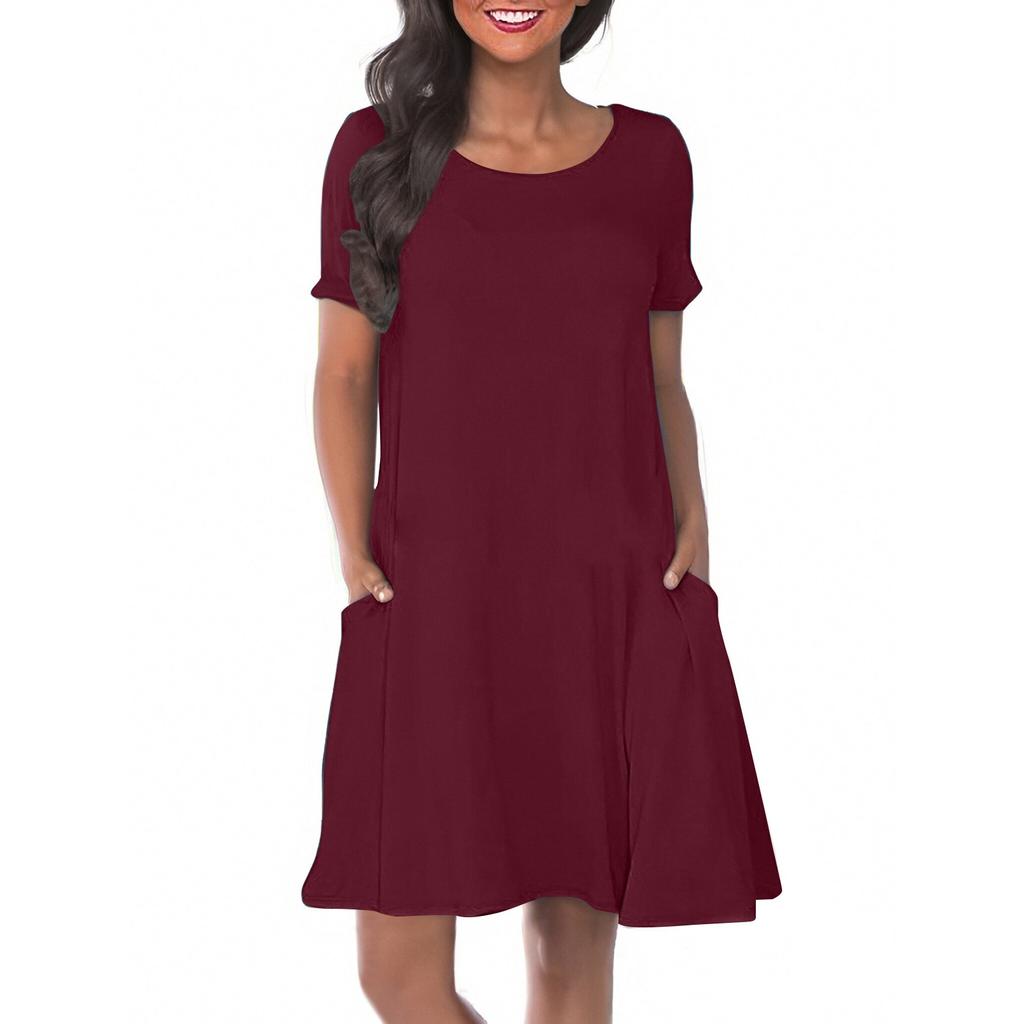 Women's Solid Color Round Neck Solid Color Casual Pocket Short Sleeve Swing Dress