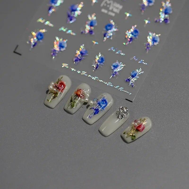 Золото, серебро, розовый, синий, розовые цветы, 3D самоклеящиеся украшения для ногтей, наклейки, модные наклейки для маникюра «сделай сам»,