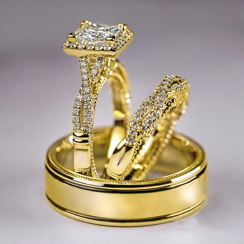 Комплект из трех колец, двухцветный, из розового золота, с сверкающим цирконом: Роскошное обручальное кольцо для женщин