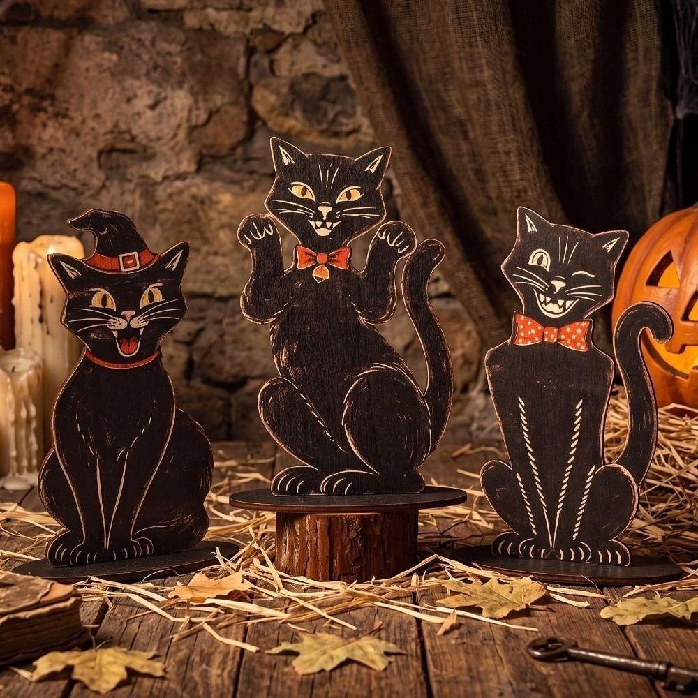 3 pcs Wooden Halloween Decorations Vintage Cat Decorative Plaques Sitting Cat Statue Study Room
