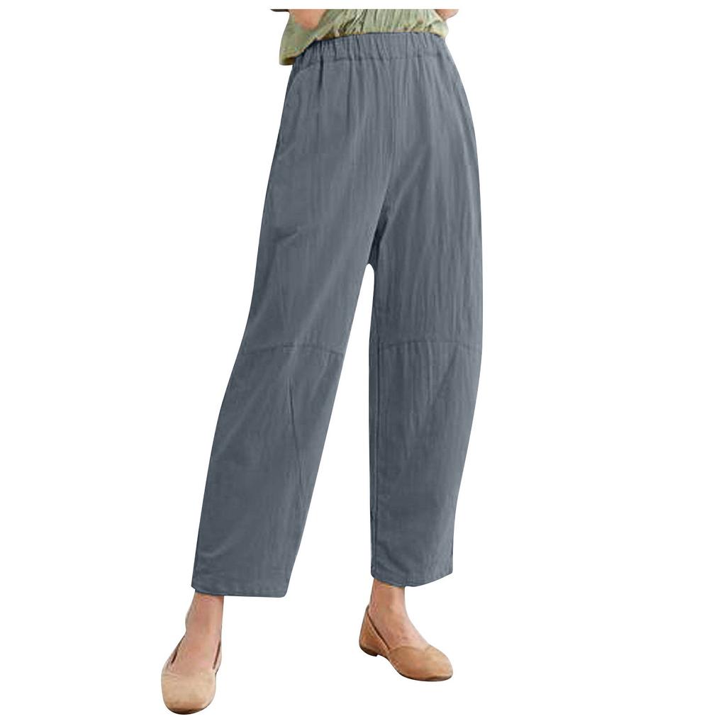 Women's Solid Color Large Size Loose Pocket Cotton Linen Casual Trousers