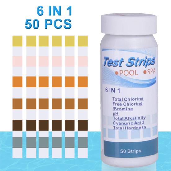 50 шт. 6 в 1 тест-полоски для спа-бассейна на определение pH общей щелочности хлора, циануровой кислоты