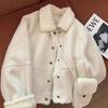 Женское зимнее пальто из овечьей шерсти Off-White - Квадратный вырез, Корейский стиль, Омолаживающее, Свободный крой, Укороченная куртка