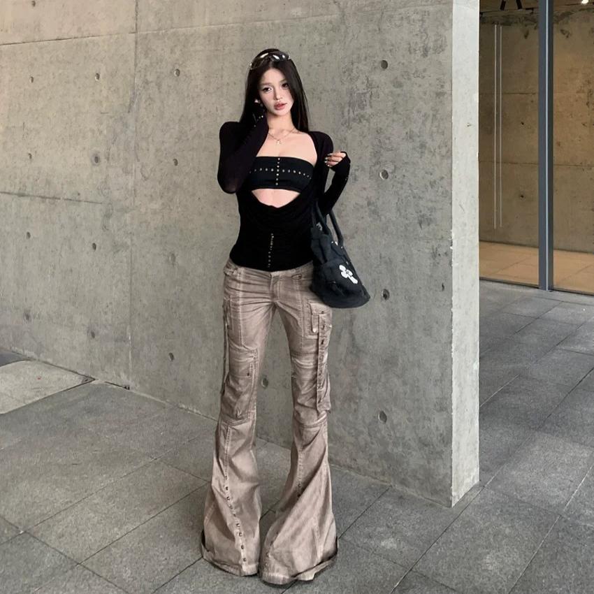 VAYLA Y2k Панк Топ из двух частей Необычный топ с заклепками + Безрукавная майка Уличная одежда Американский Ретро 90-е Черный Топ Футболка E-girls