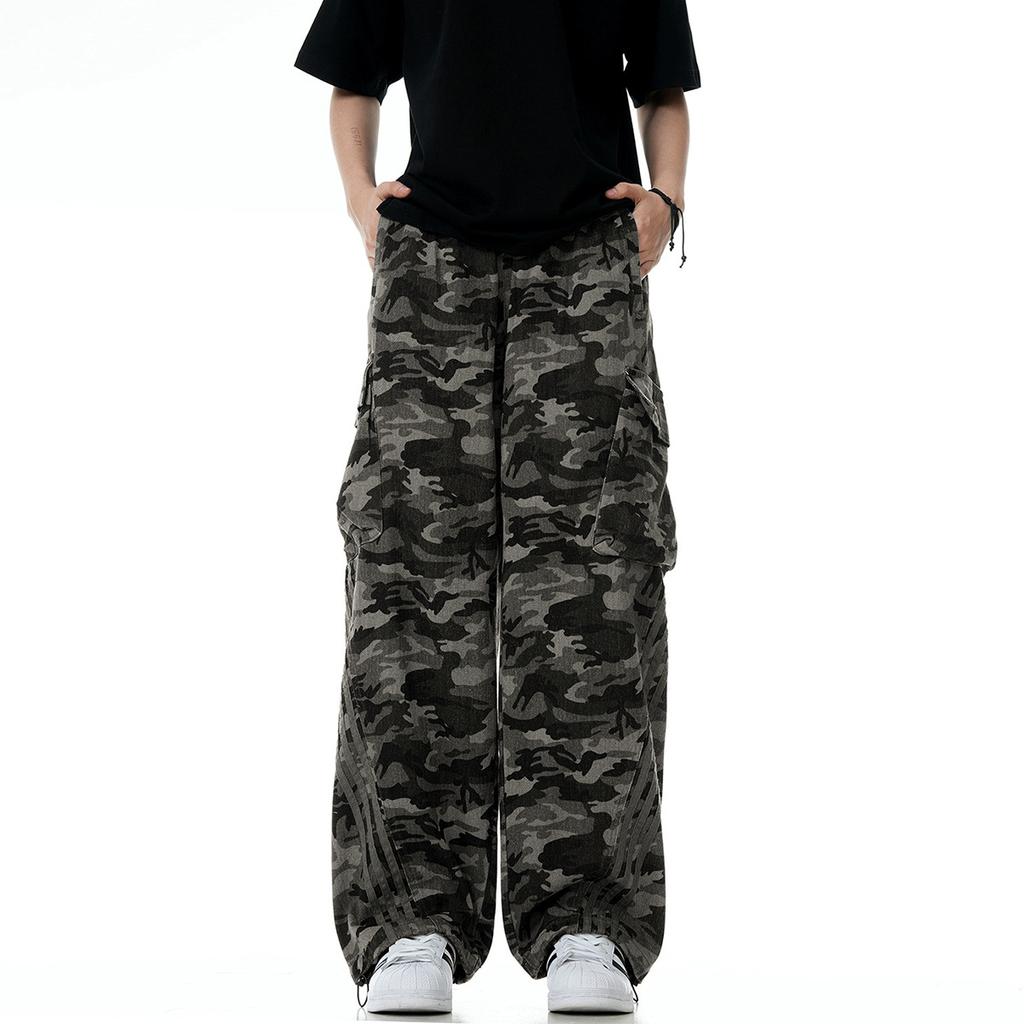 Мужские американские широкие камуфляжные рабочие брюки, ретро-модные брендовые свободные прямые камуфляжные брюки из чистого хлопка