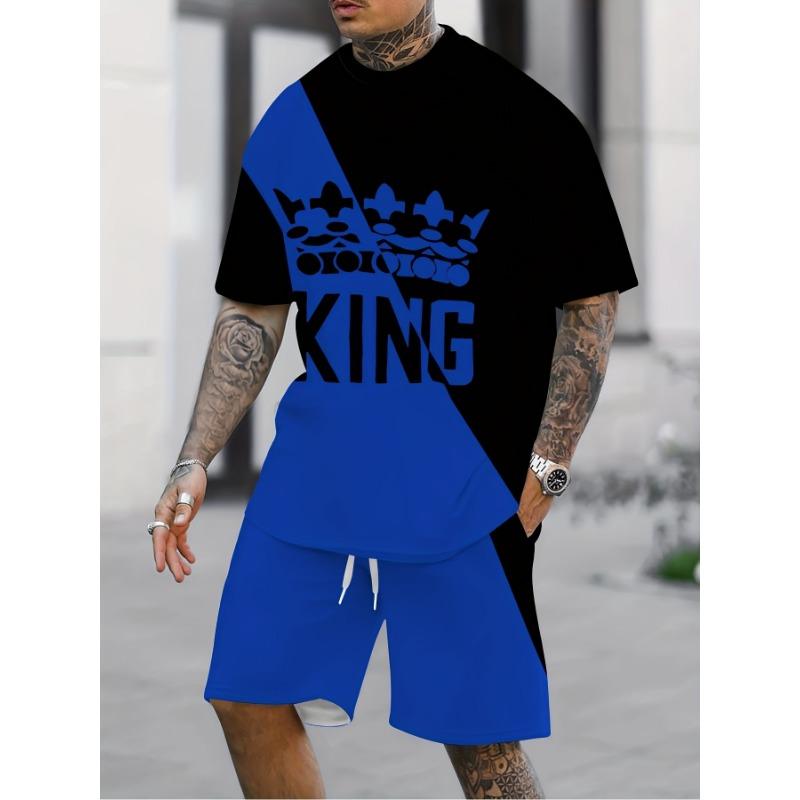 Новый летний мужской комплект Мужская уличная футболка King Комплект из двух предметов Повседневная одежда Свободный крой Круглый вырез Пляжный спортивный комплект