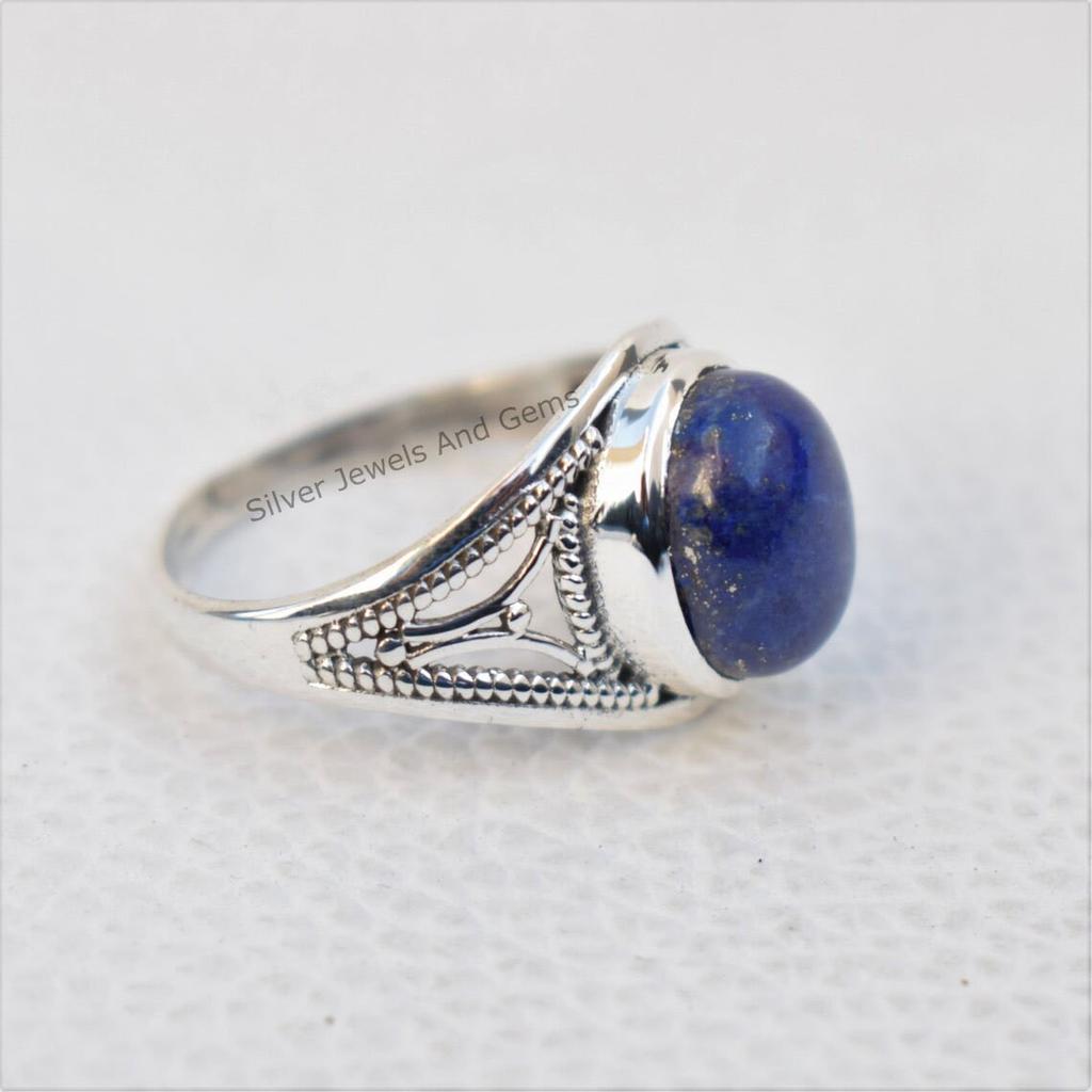 Handmade Oval Lapis Lazuli Ring: 925 Sterling Silver Taurus Birthstone