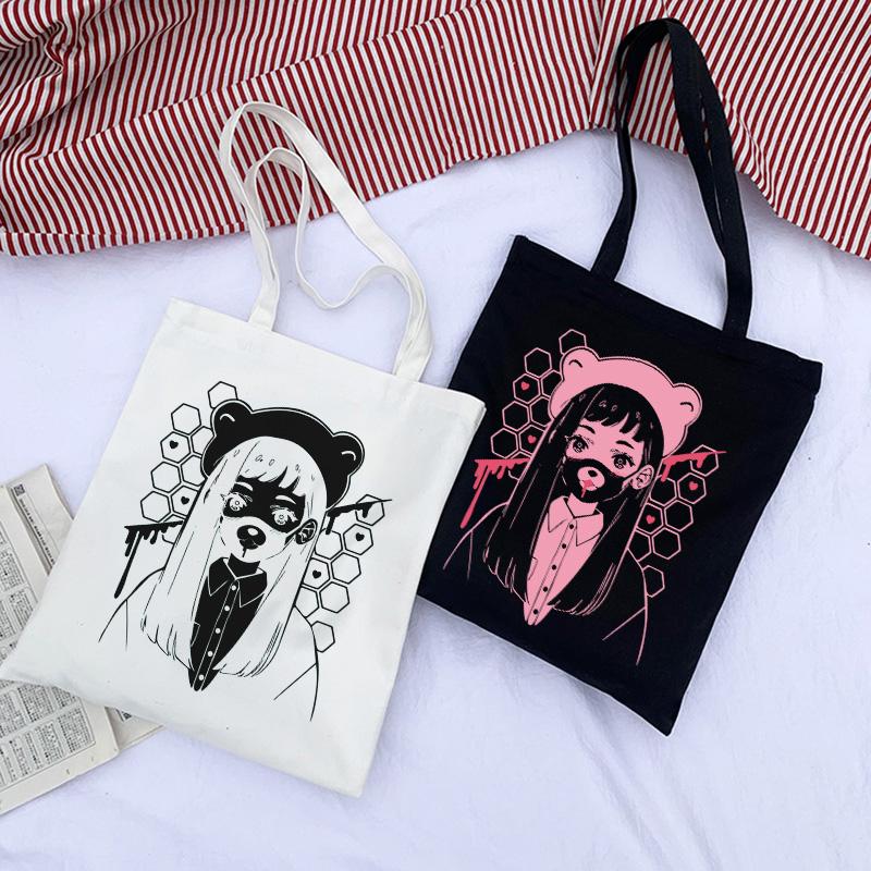 Холщовая сумка с принтом японского аниме, повседневная сумка-тоут, большая вместительная сумка, каваи, сумка-шоппер, милая модная женская сумка с героями мультфильмов, сумки на плечо
