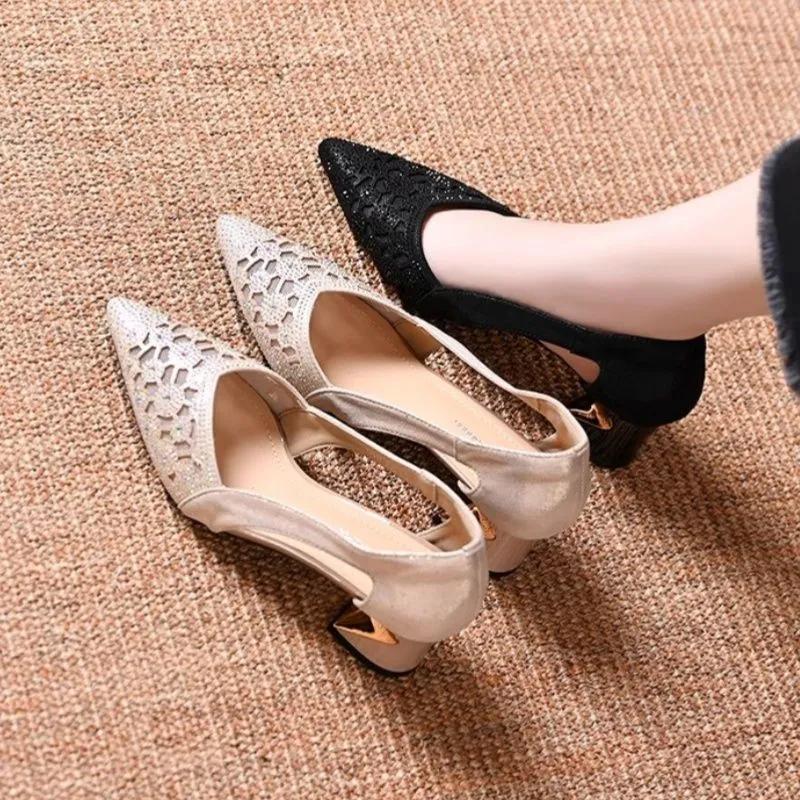 Women Cute Sweet Beige Spring & Summer Hollow Out Breathable Slip On Square Heel Shoes Lady Casual Sexy Pumps Ab674
