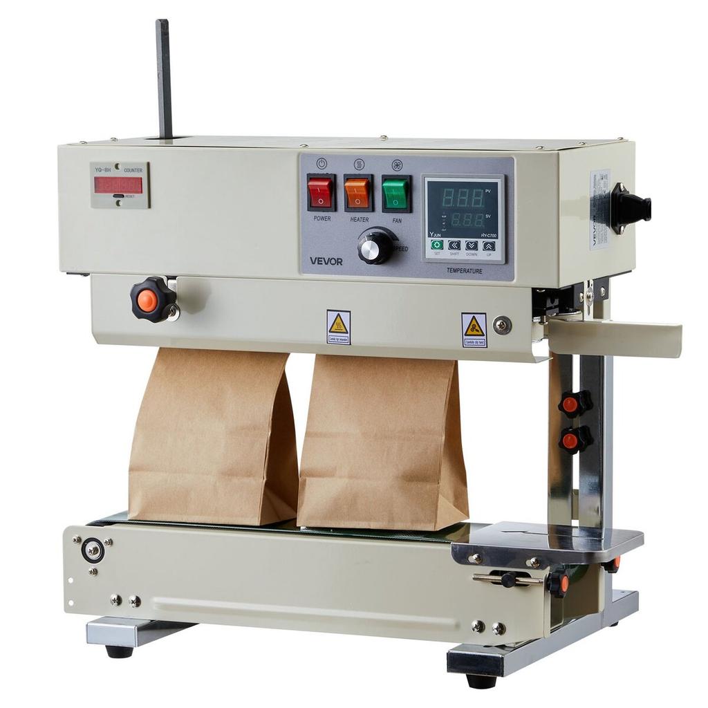 Continuous Bag Band Sealing Machine, 6-12 mm Seal Width, Vertical Band Sealer Machine with Roller Printing , Temp & Speed Adjustable, Heat Sealing