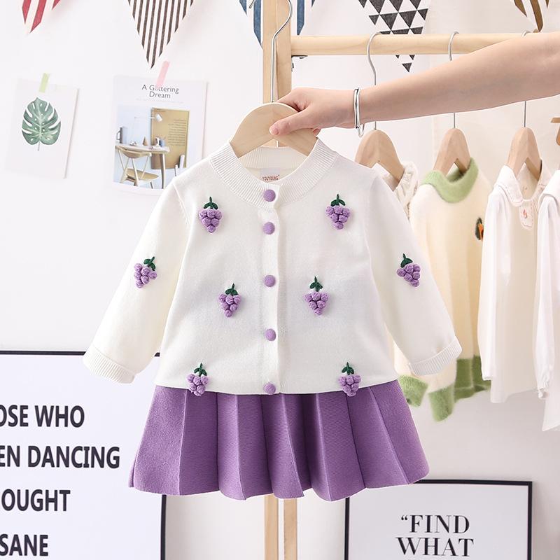 Girls Long Sleeve Knitting Suit Christmas Autumn Winter Girls Sweater Cardigan Knitting Top + Skirt Two Piece Set