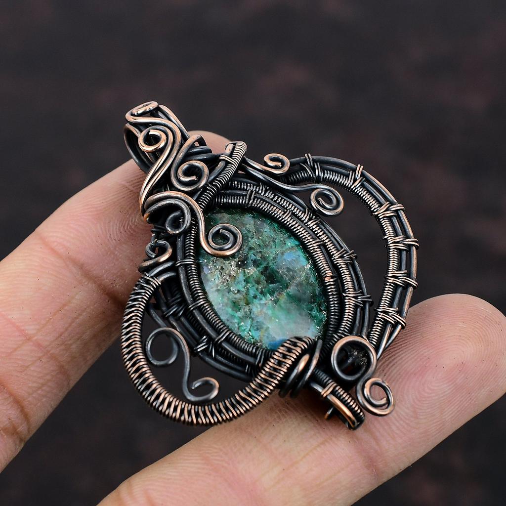 Кулон из хризоколлы, кулон из медной проволоки, кулон с драгоценным камнем, красивые медные украшения, кулон ручной работы, ювелирный подарок для мамы