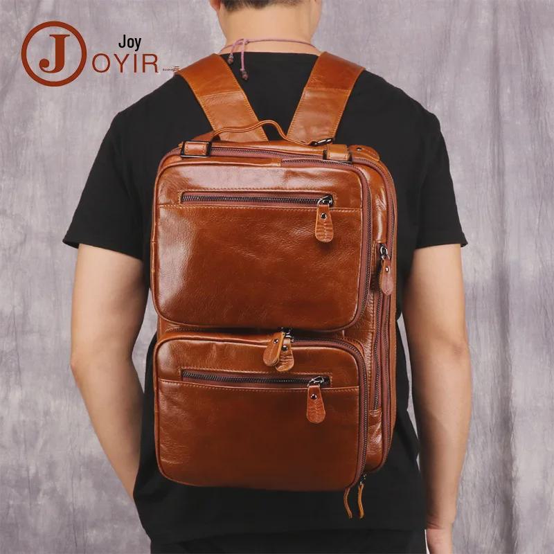 Мужской многофункциональный рюкзак из натуральной кожи и расширяемый портфель с большой вместимостью и множеством карманов