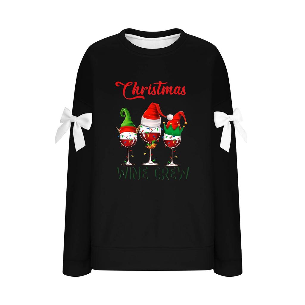 Ladies' Christmas Printed Bow Round Neck Long Sleeved Loose Pullover Sweater Sweatshirt Top