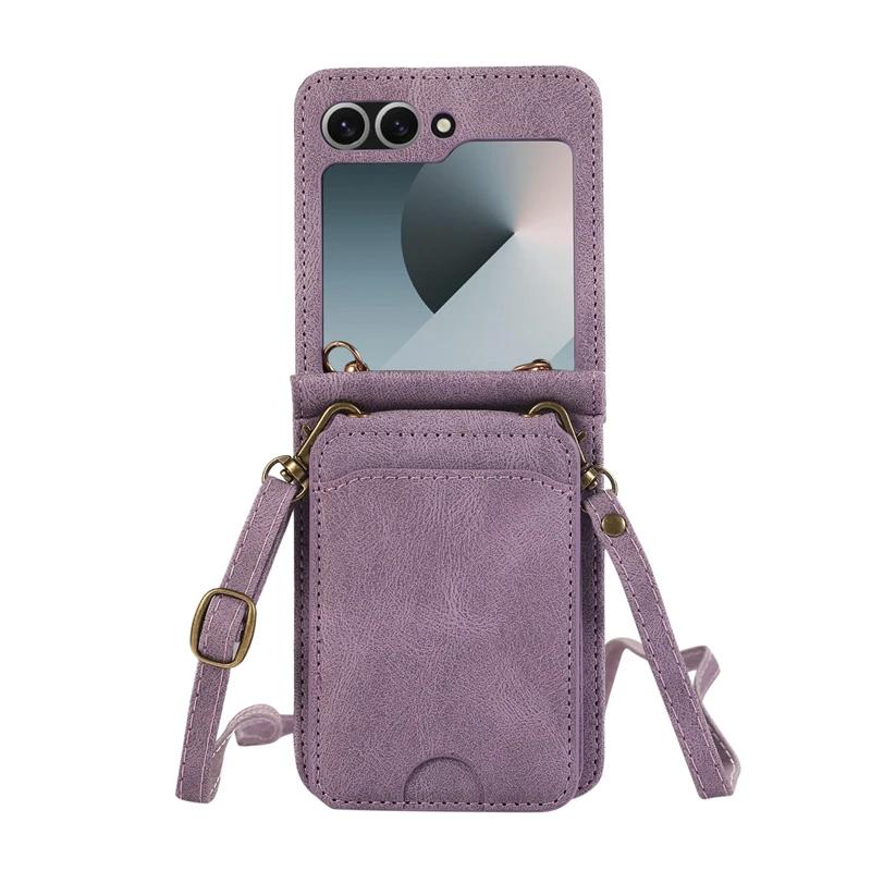 Кожаный кошелек-держатель для карт для Samsung Galaxy Z Flip 7 6 5 4 3 ZFlip Flip6 Flip5 Flip7 с ремешком через плечо Чехол-сумка