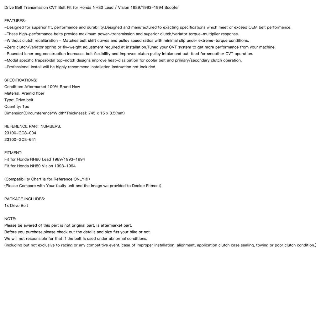 Final Drive Transmission Belt Fit for Honda NH80 Lead / Vision 1989/1993-1994