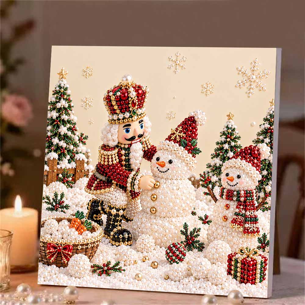 5D Pearl Painting Kit Framed with Nutcracker and Snowman Christmas Theme Sparkling Bead Art Canvas DIY Relaxing Craft for Wall Decor Gift