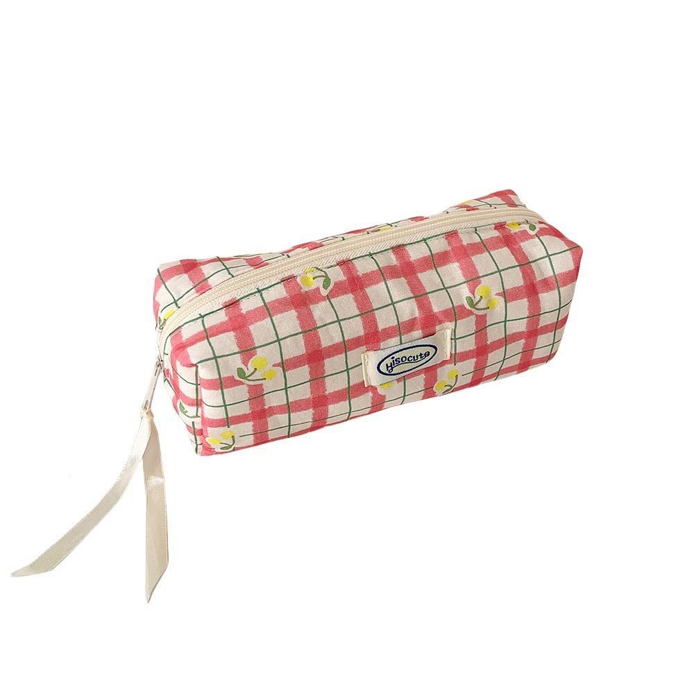 Large Capacity Y2K Cherry Pencil Case Checkered Cartoon Cherry Makeup Bag Korean Pencil Bag Gifts