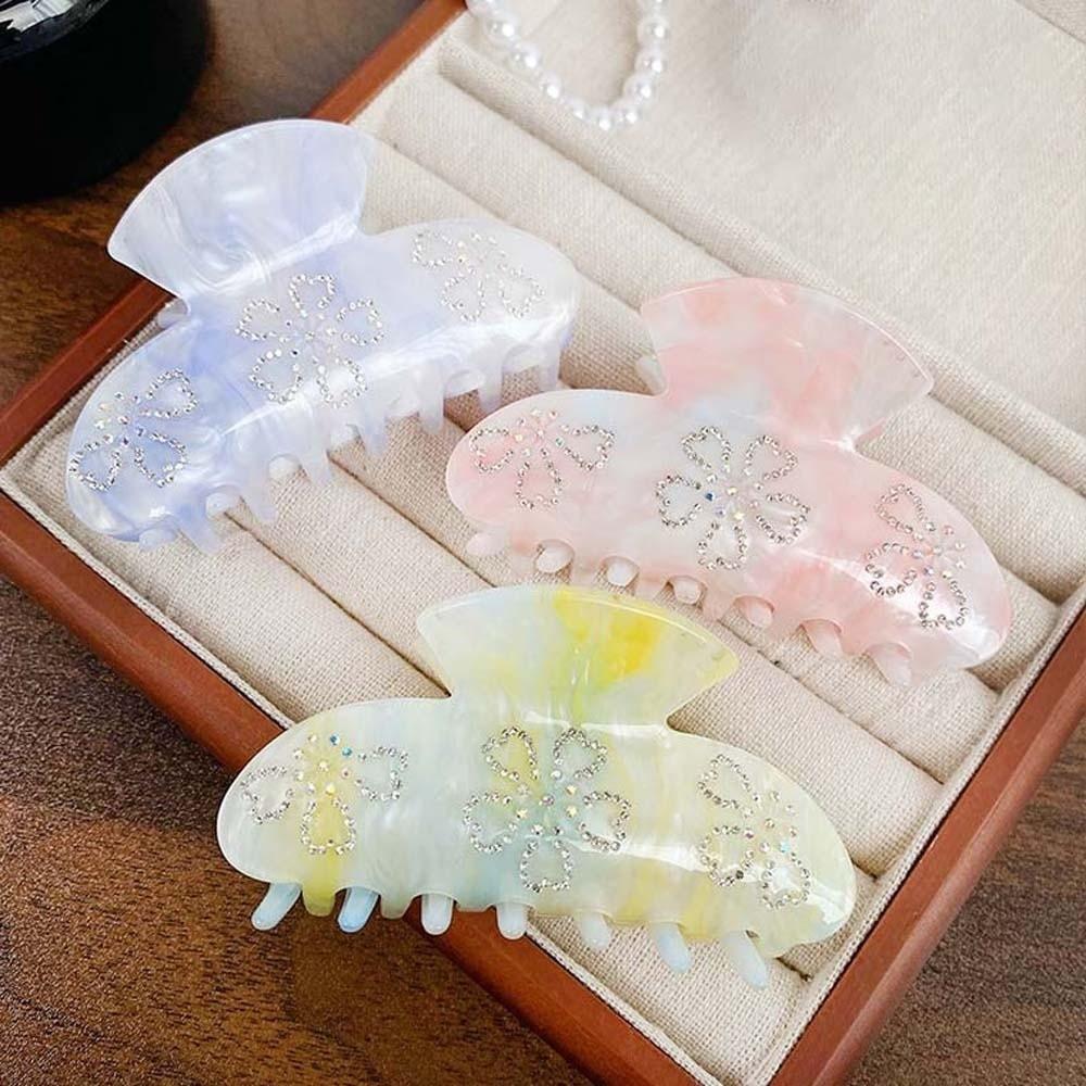 Iridescent Rhinestone-inlay Hair Claw Flower Acrylic Hair Claw Women Shark Clip Female