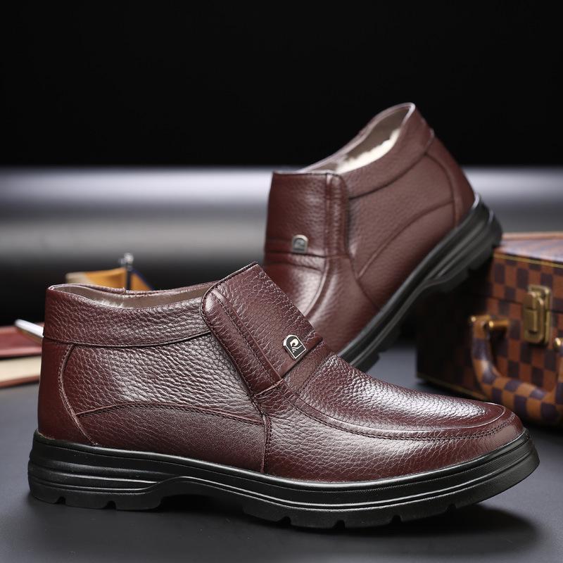 Модная зимняя мужская обувь из натуральной кожи, ботильоны, модная плюшевая теплая удобная нескользящая деловая хлопковая обувь, мужские уличные зимние ботинки